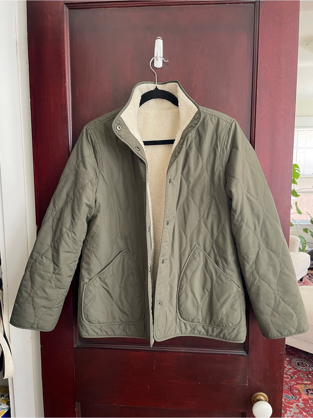 Land’s End Reversible Quilted/Sherpa-Lined Jacket — Olive Green and Cream